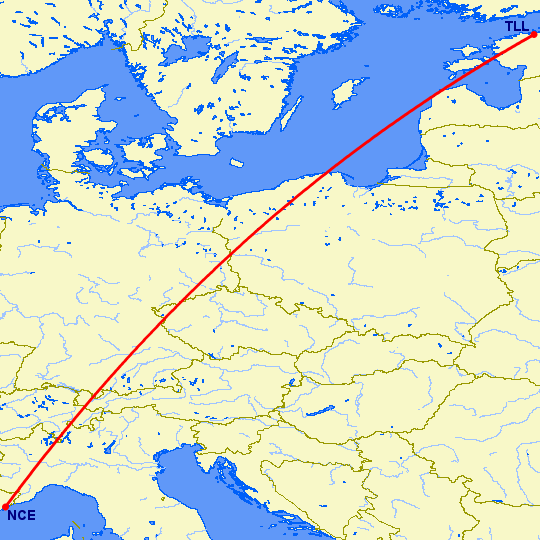 перелет Ницца — Таллин на карте