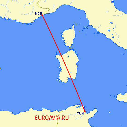 перелет Ницца — Тунис на карте