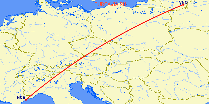 перелет Ницца — Вильнюс на карте