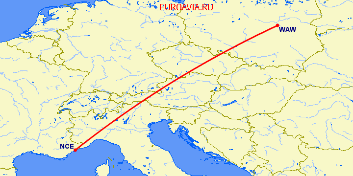 перелет Ницца — Варшава на карте