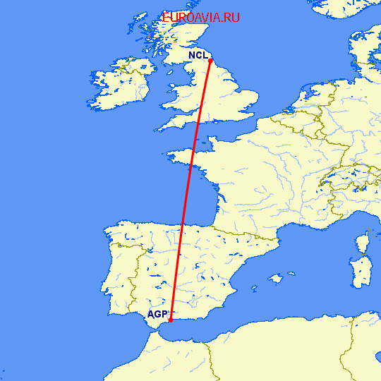 перелет Ньюкасл — Малага на карте