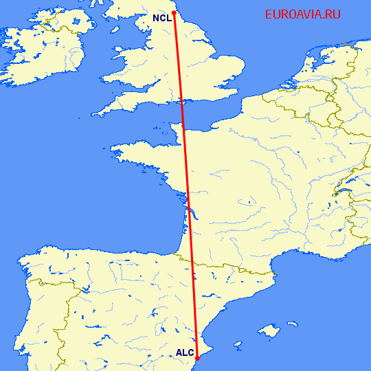 перелет Ньюкасл — Аликанте на карте
