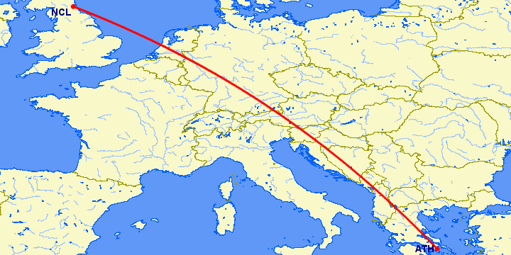 перелет Ньюкасл — Афины на карте