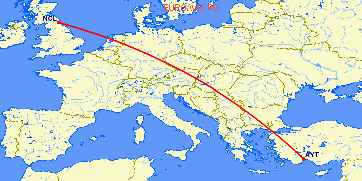 перелет Ньюкасл — Анталия на карте