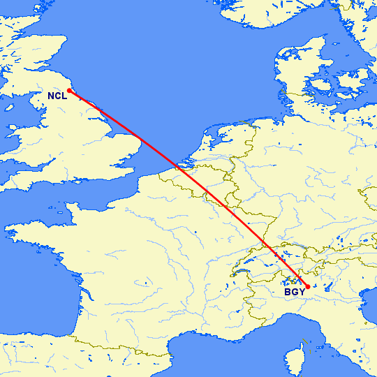 перелет Ньюкасл — Бергамо на карте