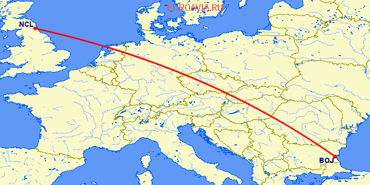 перелет Ньюкасл — Бургас на карте