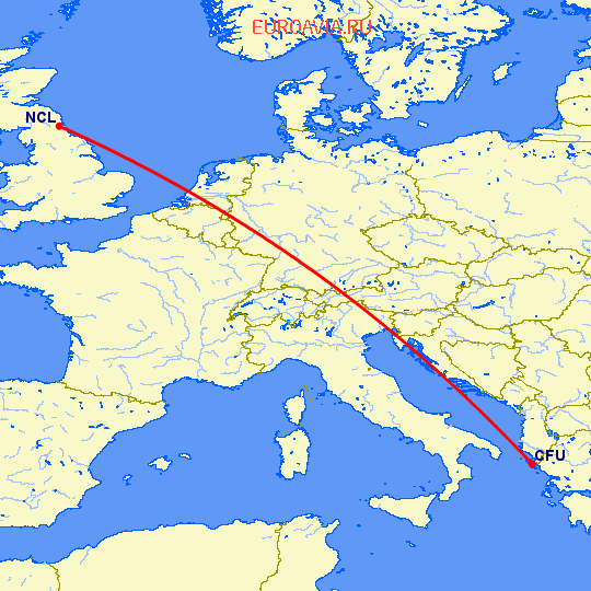 перелет Ньюкасл — Керкира на карте
