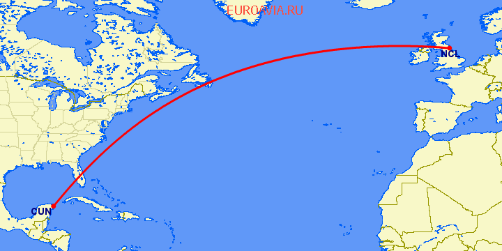 перелет Ньюкасл — Канкун на карте