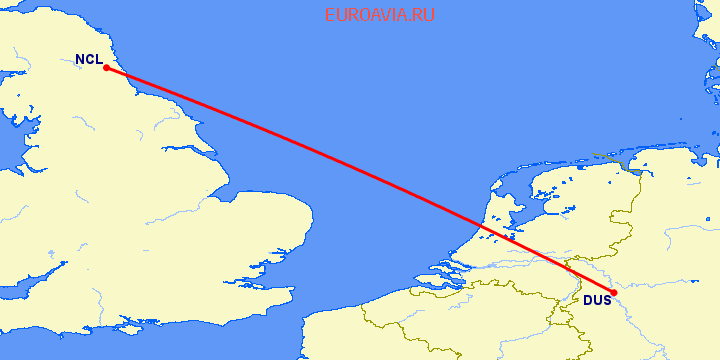 перелет Ньюкасл — Дюссельдорф на карте