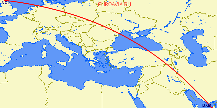 перелет Ньюкасл — Дубай на карте