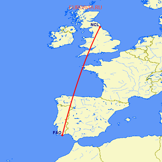 перелет Ньюкасл — Фару на карте