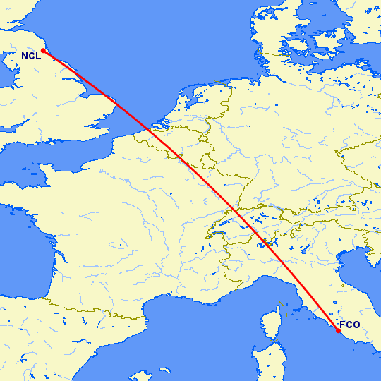 перелет Ньюкасл — Рим на карте