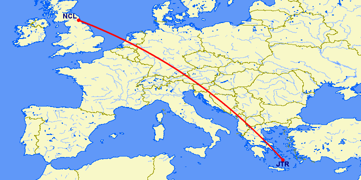 перелет Ньюкасл — Санторини на карте