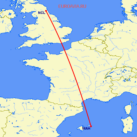 перелет Ньюкасл — Менорка на карте
