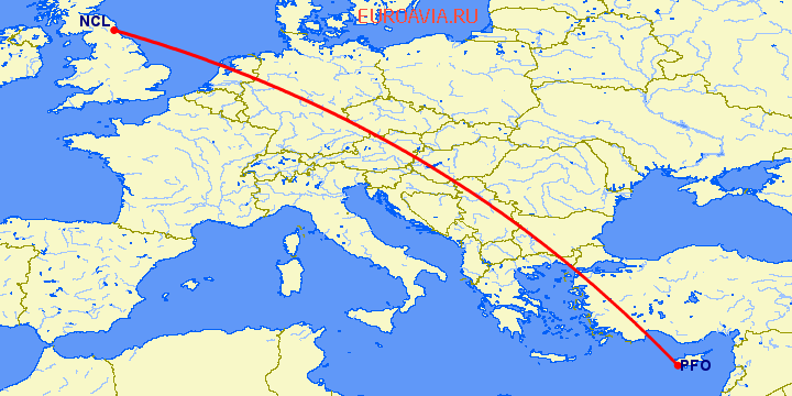 перелет Ньюкасл — Пафос на карте