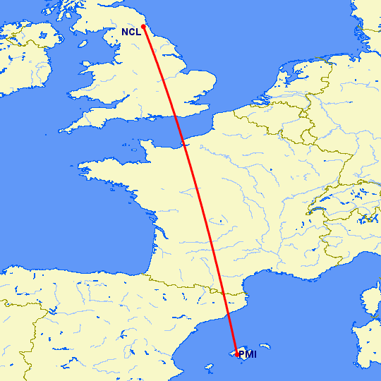 перелет Ньюкасл — Пальма де Майорка на карте