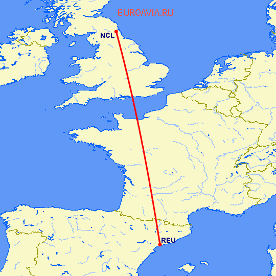 перелет Ньюкасл — Реус на карте