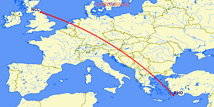 перелет Ньюкасл — Родос на карте