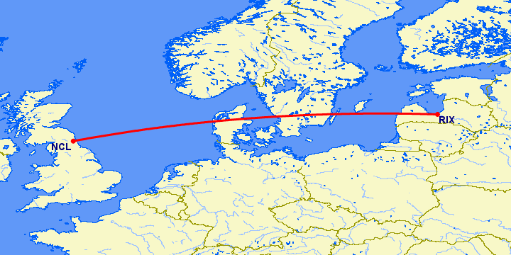 перелет Ньюкасл — Рига на карте