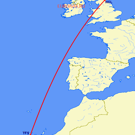 перелет Ньюкасл — Тенерифе на карте