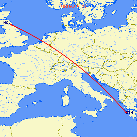 перелет Ньюкасл — Закинтос на карте