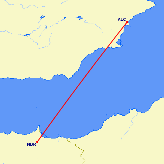 перелет Надор — Аликанте на карте