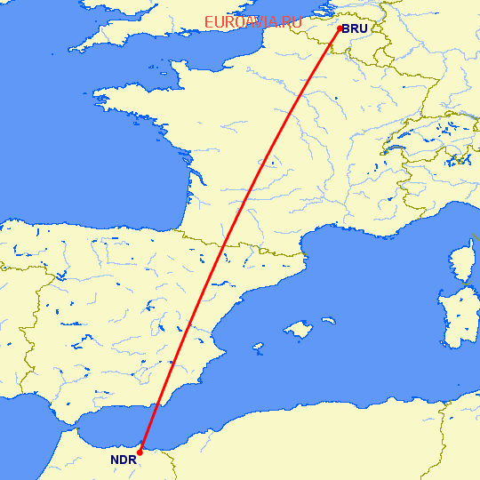 перелет Надор — Брюссель на карте