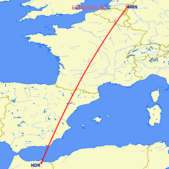 перелет Надор — Дюссельдорф на карте