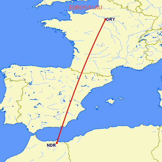 перелет Надор — Париж на карте