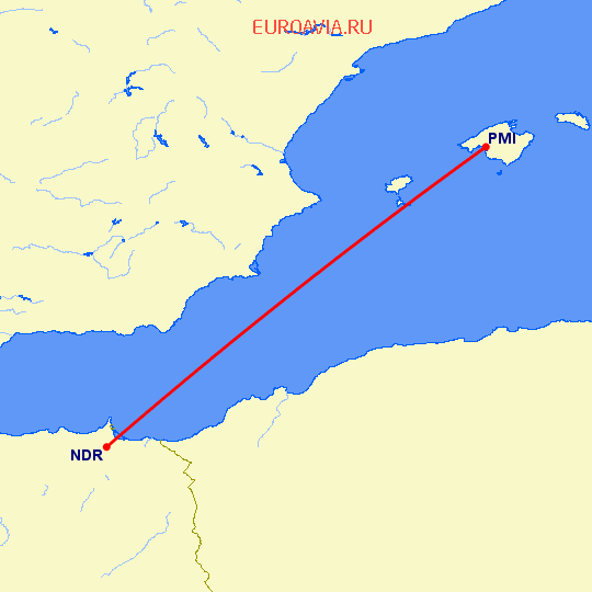 перелет Надор — Пальма де Майорка на карте