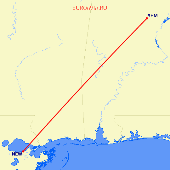 перелет Новый Орлеан — Бирмингем на карте