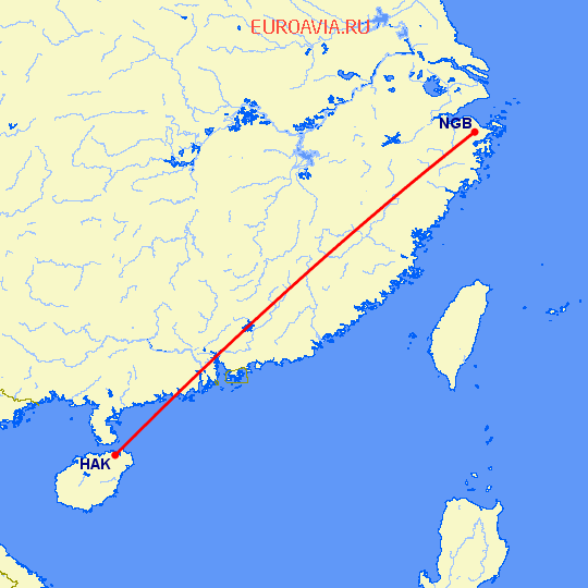 перелет Нинбо — Хайкоу на карте