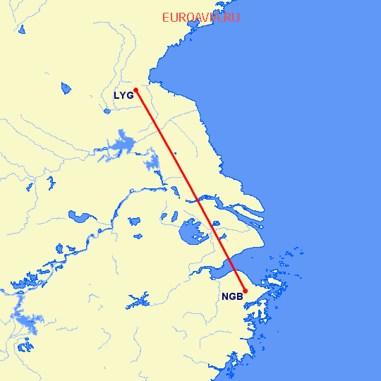 перелет Нинбо — Лианьюнан на карте