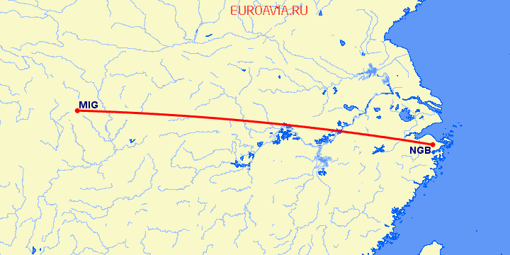 перелет Нинбо — Mian Yang на карте