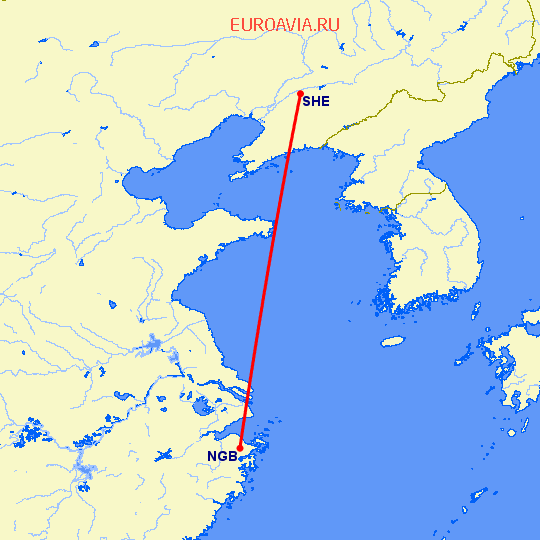 перелет Нинбо — Шеньян на карте