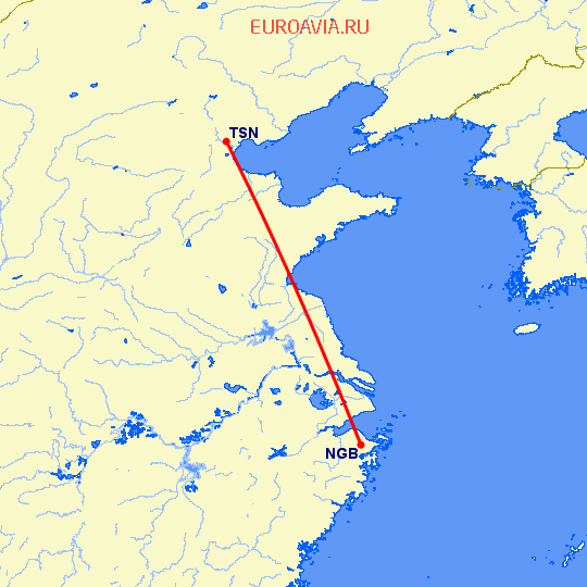 перелет Нинбо — Тяньцзинь на карте