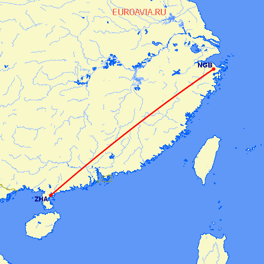 перелет Нинбо — Чжаньчзян на карте