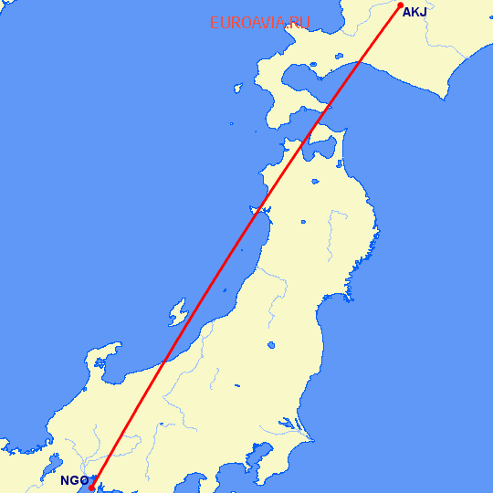 перелет Нагоя — Асахикава на карте