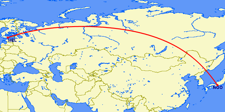 перелет Нагоя — Хельсинки на карте