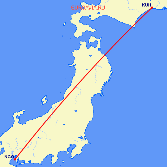 перелет Нагоя — Куширо на карте