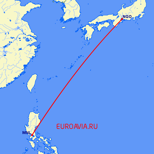 перелет Нагоя — Манила на карте