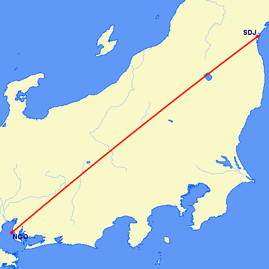 перелет Нагоя — Сендай на карте
