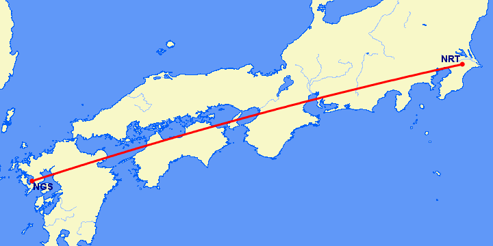 перелет Нагасаки — Токио на карте