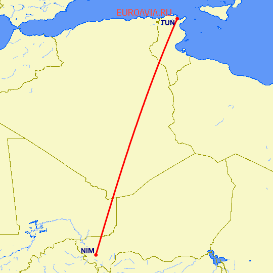 перелет Ниамей — Тунис на карте
