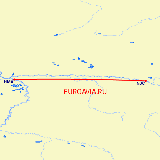 перелет Нижневартовск — Ханты Мансийск на карте