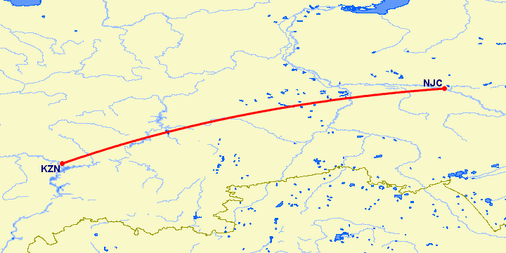 перелет Нижневартовск — Казань на карте