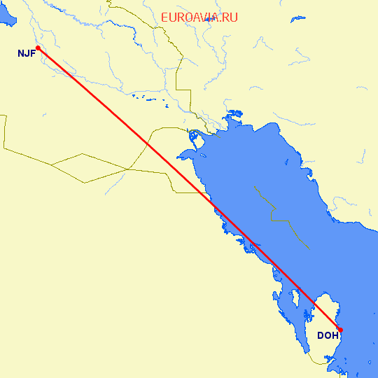 перелет Аль Наджаф — Доха на карте