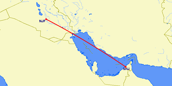 перелет Аль Наджаф — Шарджа на карте