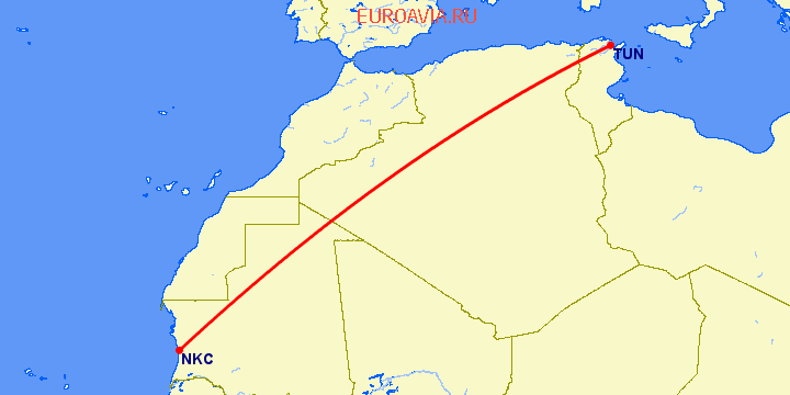 перелет Нуакшот — Тунис на карте
