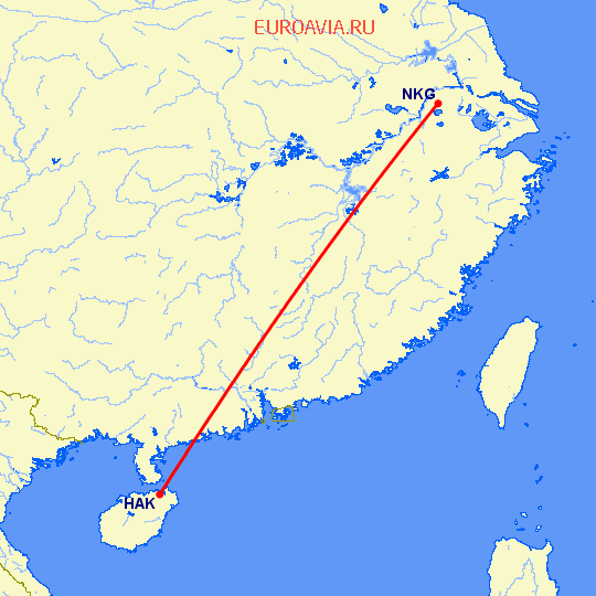 перелет Нанкин — Хайкоу на карте